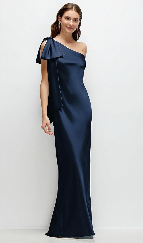 one-shoulder bias-cut satin maxi dress with cascading shoulder bow