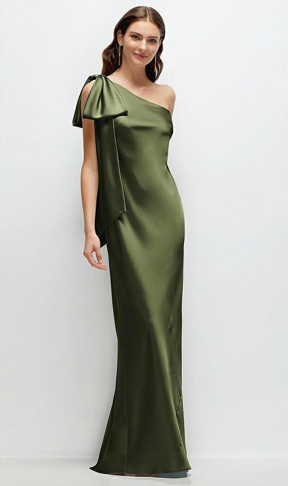 one-shoulder bias-cut satin maxi dress with cascading shoulder bow