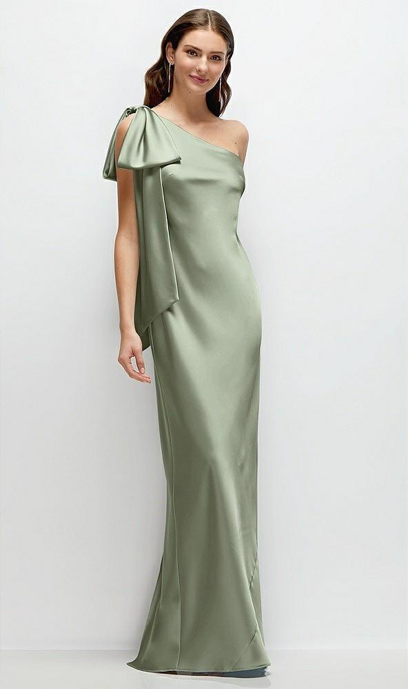 one-shoulder bias-cut satin maxi dress with cascading shoulder bow