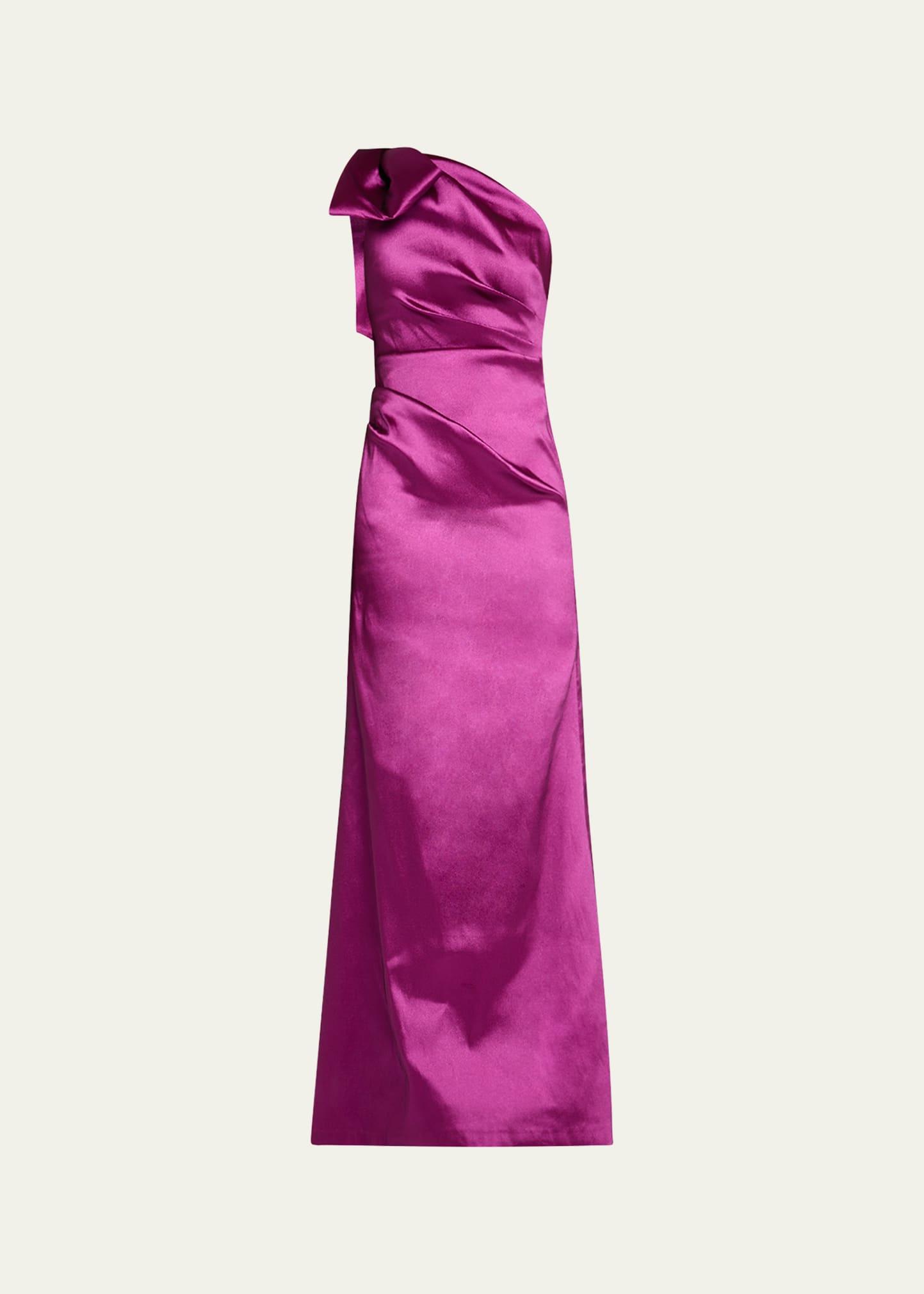 one-shoulder bow column gown