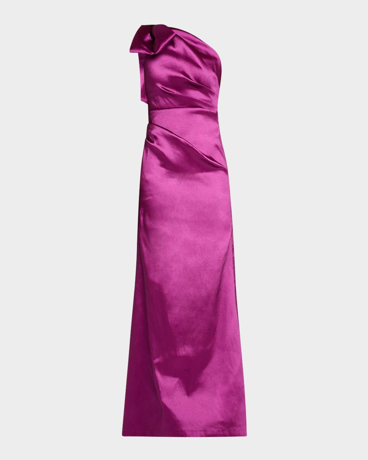 one-shoulder bow column gown