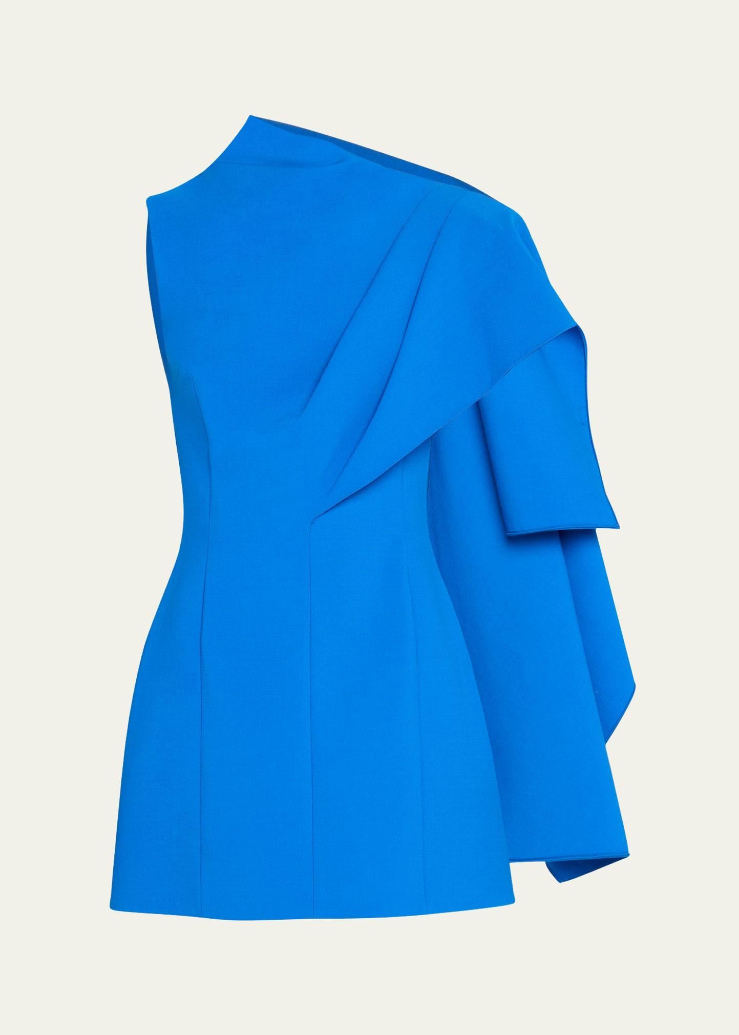 one shoulder cape detail stretch wool mini dress