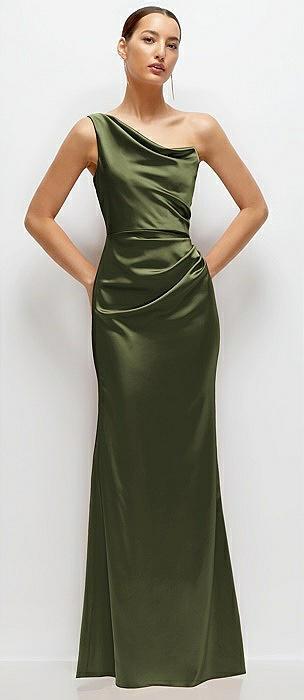 one-shoulder cat-eye neckline fit and flare satin maxi dress