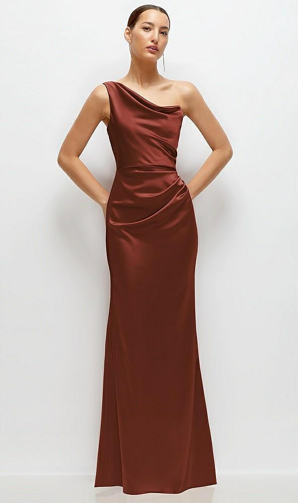 one-shoulder cat-eye neckline fit and flare satin maxi dress