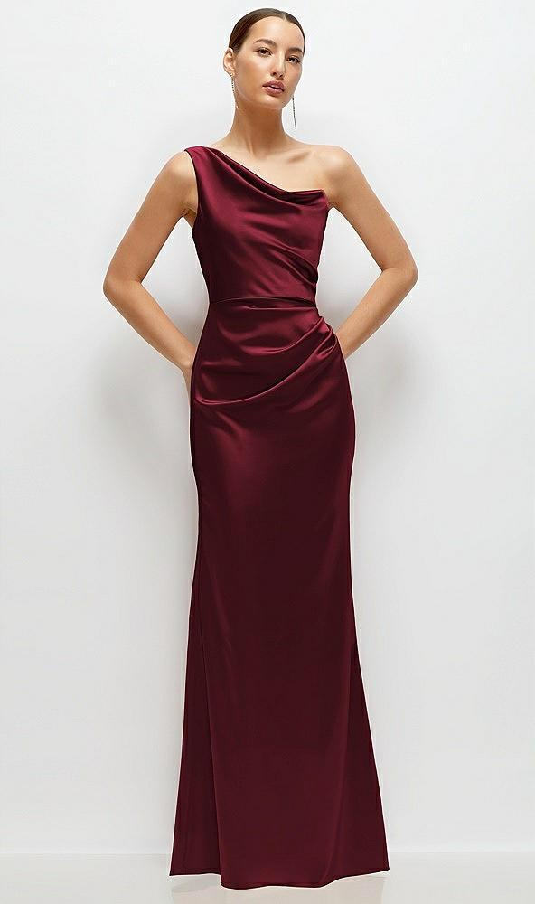 one-shoulder cat-eye neckline fit and flare satin maxi dress