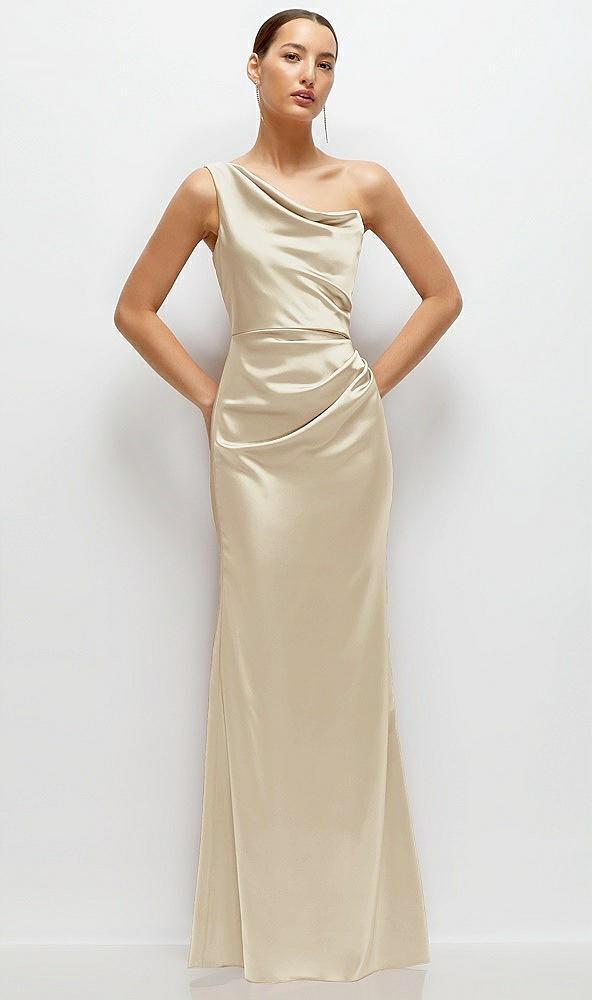 one-shoulder cat-eye neckline fit and flare satin maxi dress