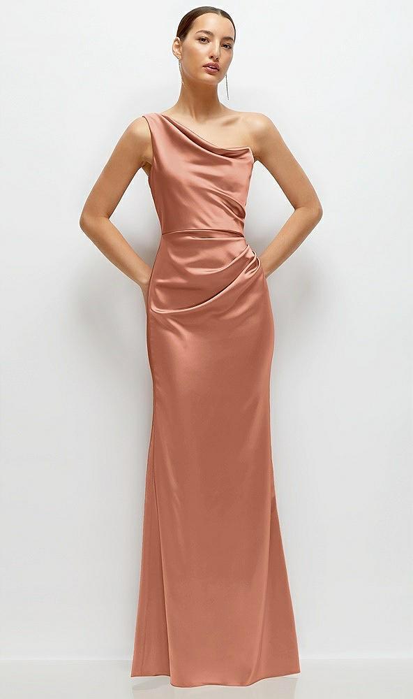 one-shoulder cat-eye neckline fit and flare satin maxi dress