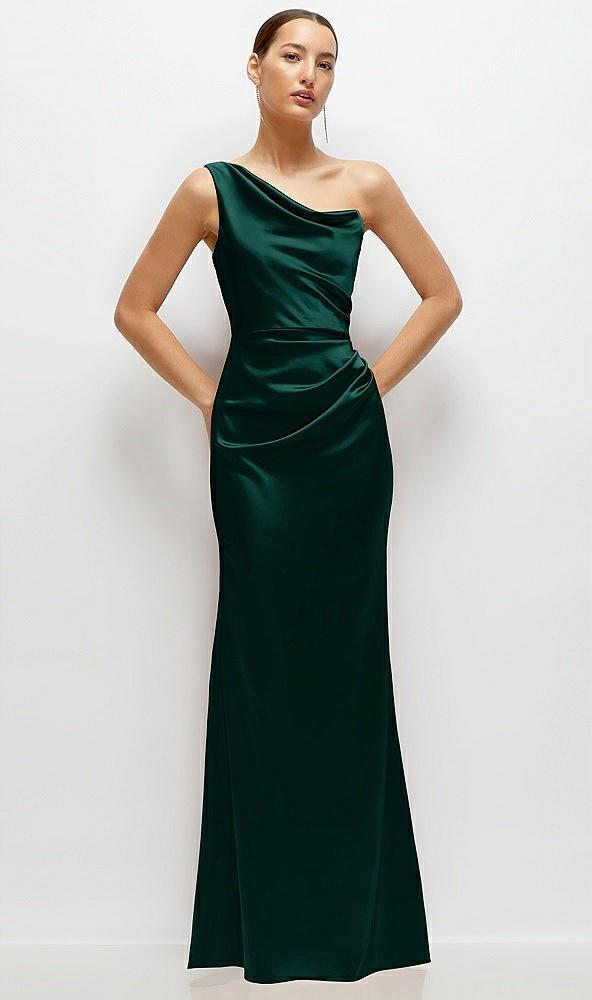 one-shoulder cat-eye neckline fit and flare satin maxi dress