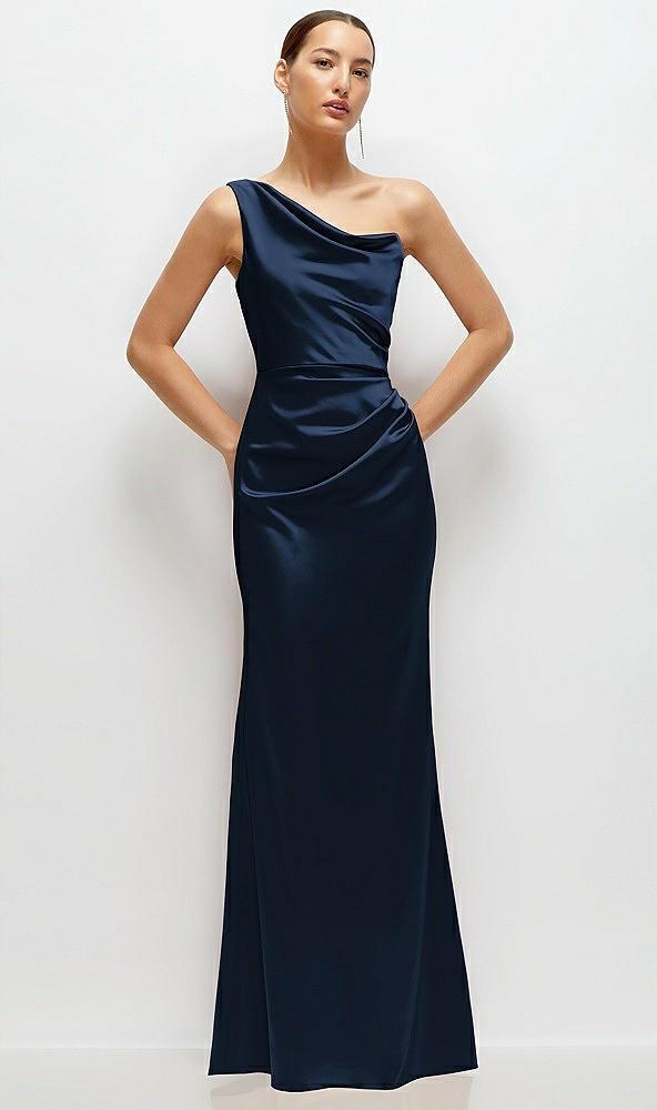 one-shoulder cat-eye neckline fit and flare satin maxi dress
