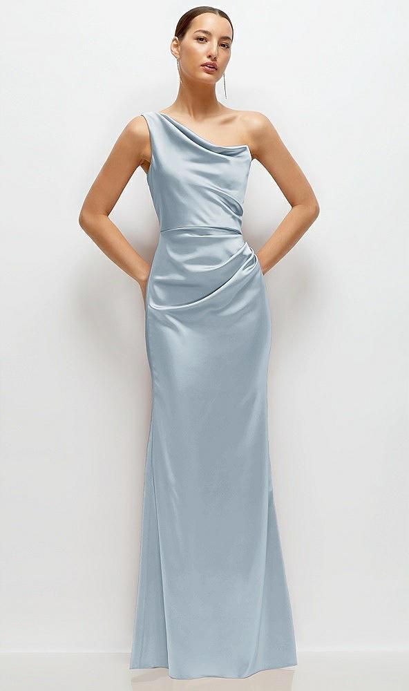 one-shoulder cat-eye neckline fit and flare satin maxi dress