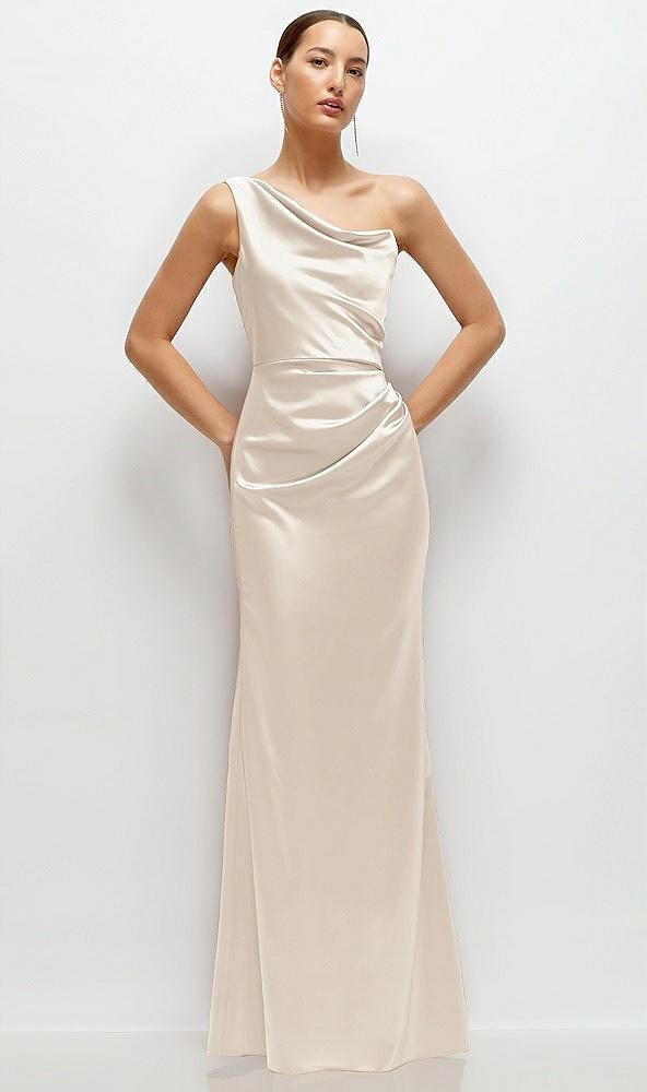 one-shoulder cat-eye neckline fit and flare satin maxi dress