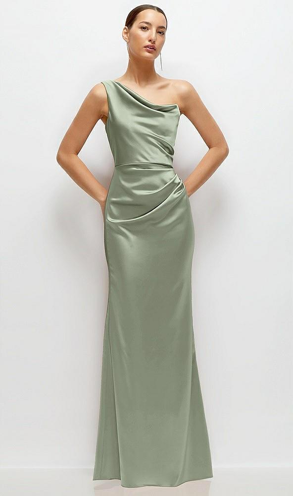 one-shoulder cat-eye neckline fit and flare satin maxi dress