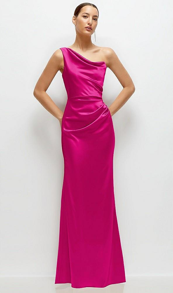 one-shoulder cat-eye neckline fit and flare satin maxi dress