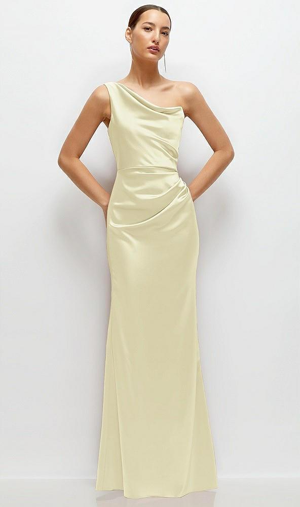one-shoulder cat-eye neckline fit and flare satin maxi dress