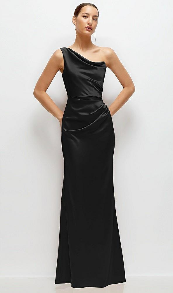 one-shoulder cat-eye neckline fit and flare satin maxi dress