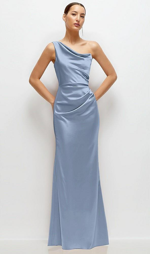 one-shoulder cat-eye neckline fit and flare satin maxi dress