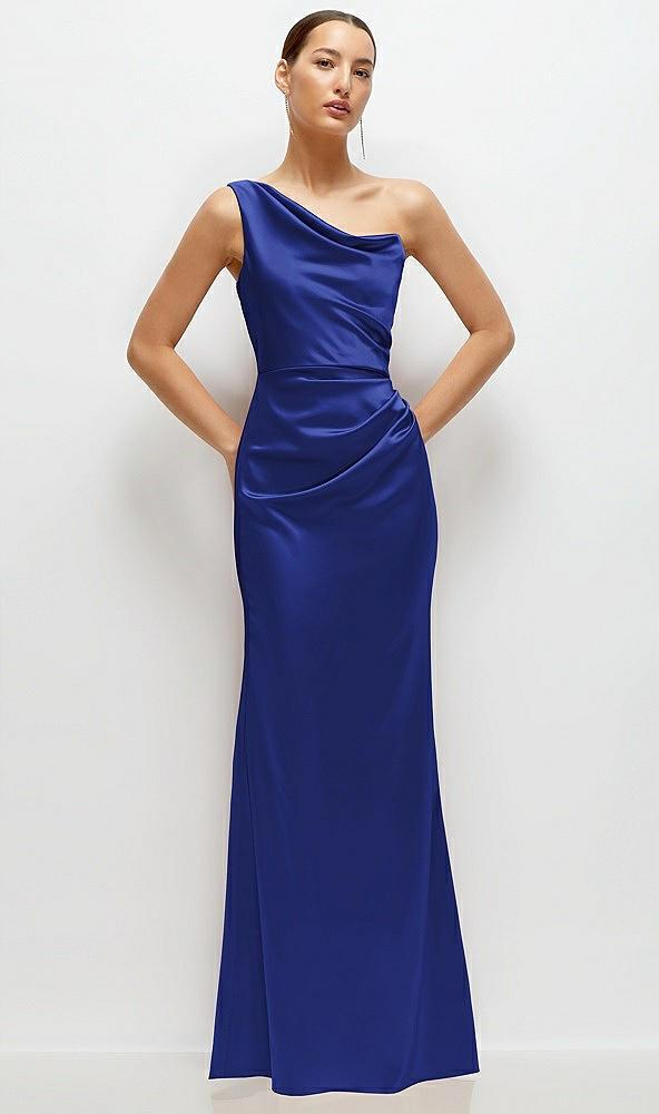 one-shoulder cat-eye neckline fit and flare satin maxi dress