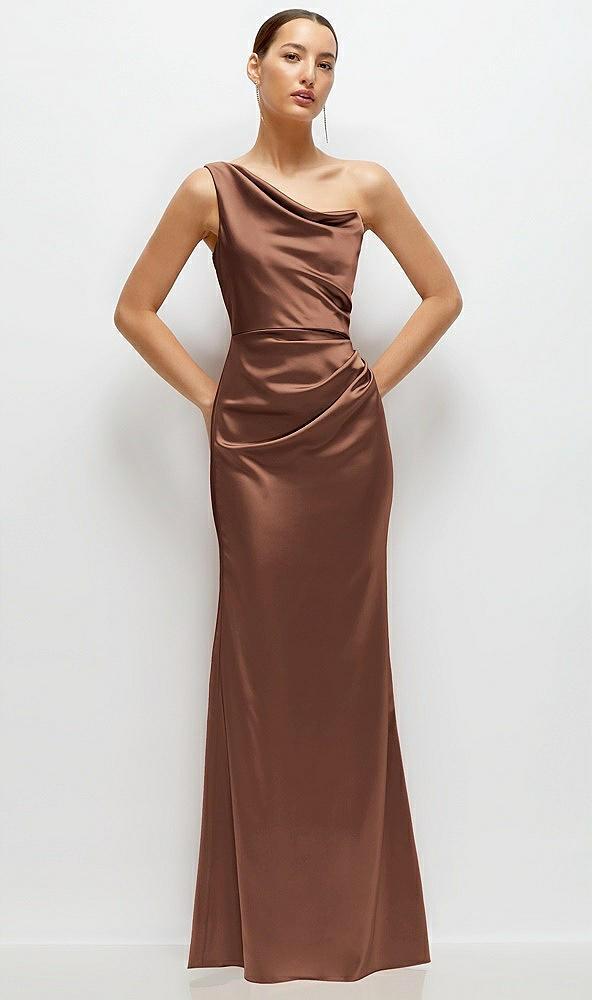one-shoulder cat-eye neckline fit and flare satin maxi dress