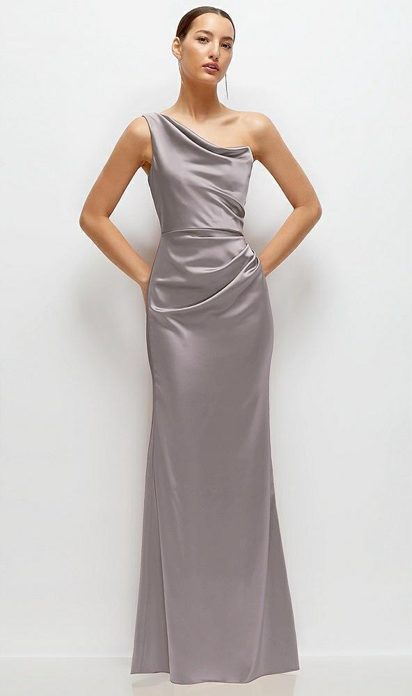 one-shoulder cat-eye neckline fit and flare satin maxi dress