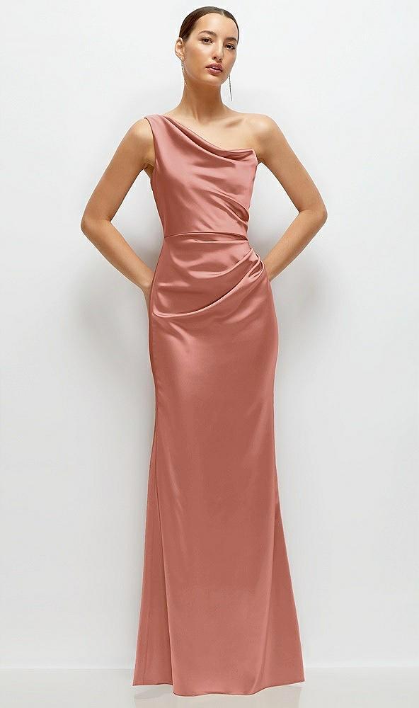 one-shoulder cat-eye neckline fit and flare satin maxi dress