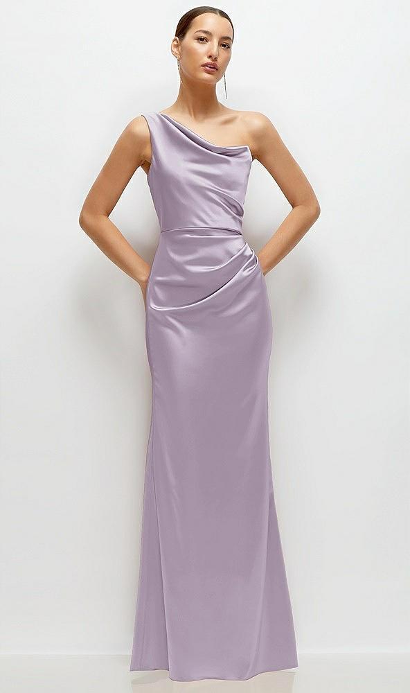 one-shoulder cat-eye neckline fit and flare satin maxi dress