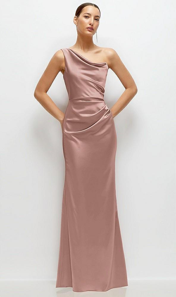 one-shoulder cat-eye neckline fit and flare satin maxi dress