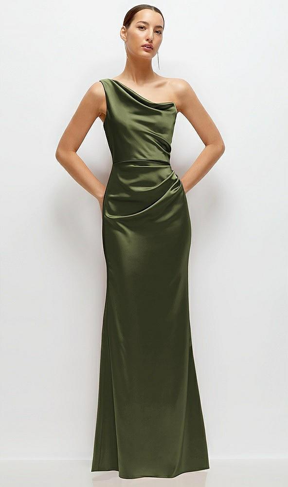 one-shoulder cat-eye neckline fit and flare satin maxi dress