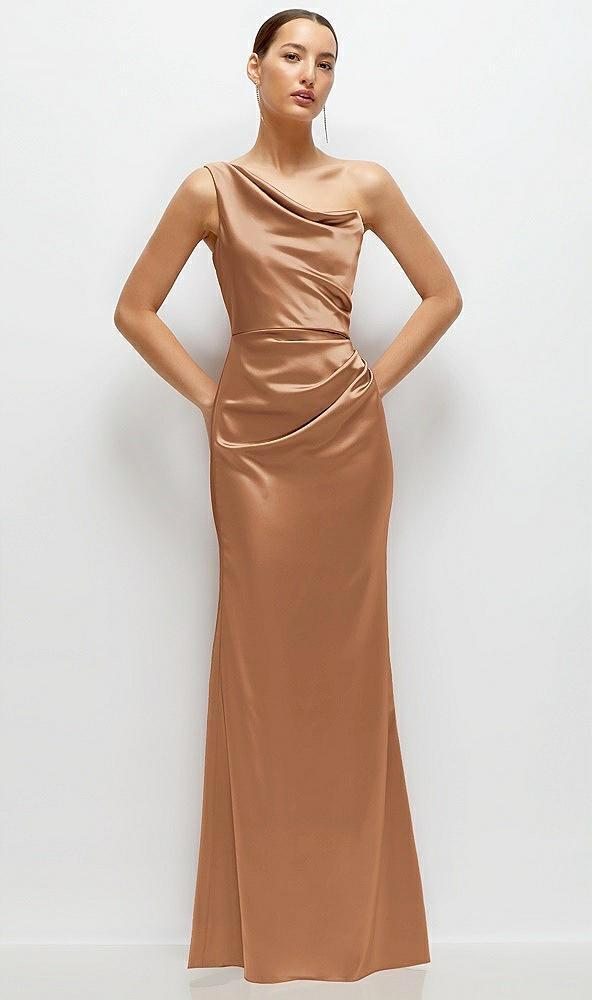 one-shoulder cat-eye neckline fit and flare satin maxi dress