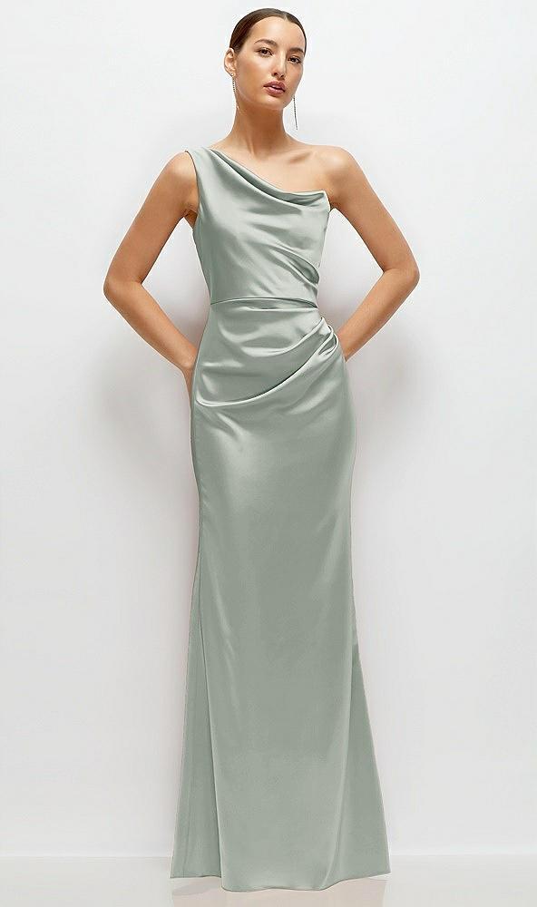 one-shoulder cat-eye neckline fit and flare satin maxi dress