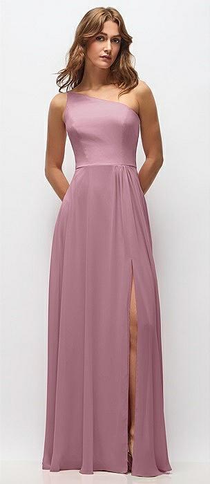 one-shoulder chiffon maxi dress with shirred front slit