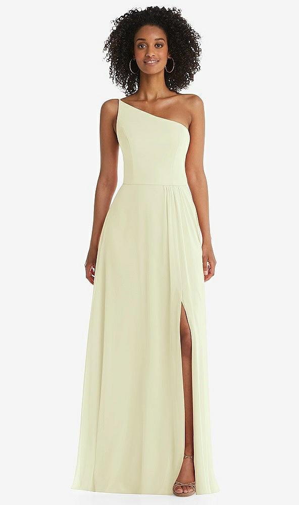 one-shoulder chiffon maxi dress with shirred front slit
