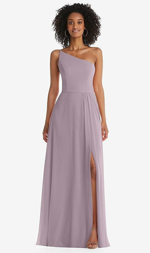 one-shoulder chiffon maxi dress with shirred front slit
