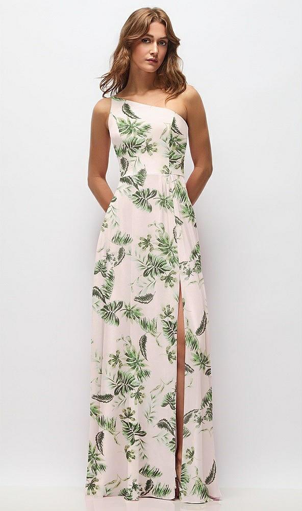 one-shoulder chiffon maxi dress with shirred front slit