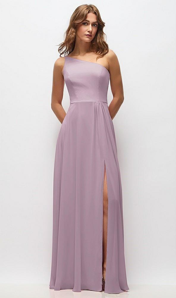 one-shoulder chiffon maxi dress with shirred front slit