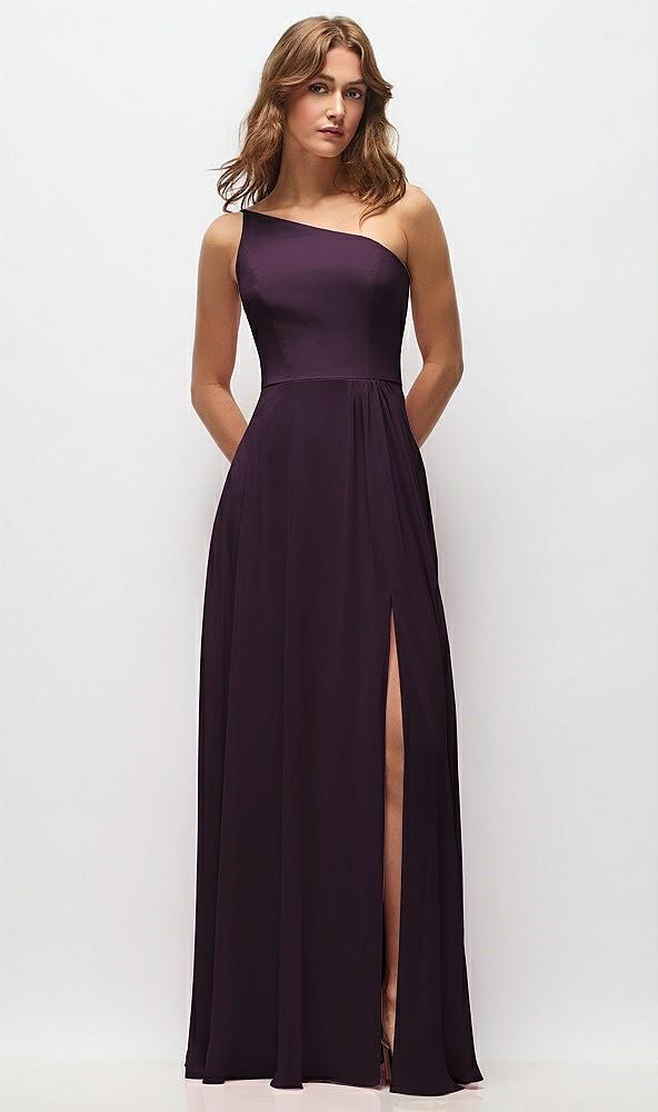 one-shoulder chiffon maxi dress with shirred front slit