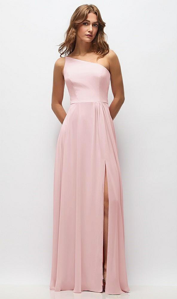 one-shoulder chiffon maxi dress with shirred front slit