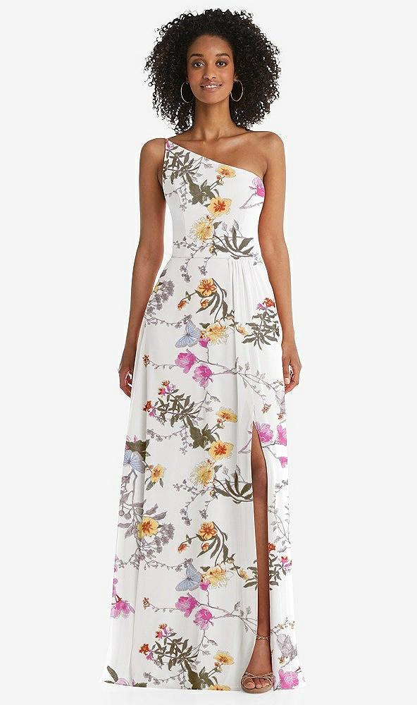 one-shoulder chiffon maxi dress with shirred front slit