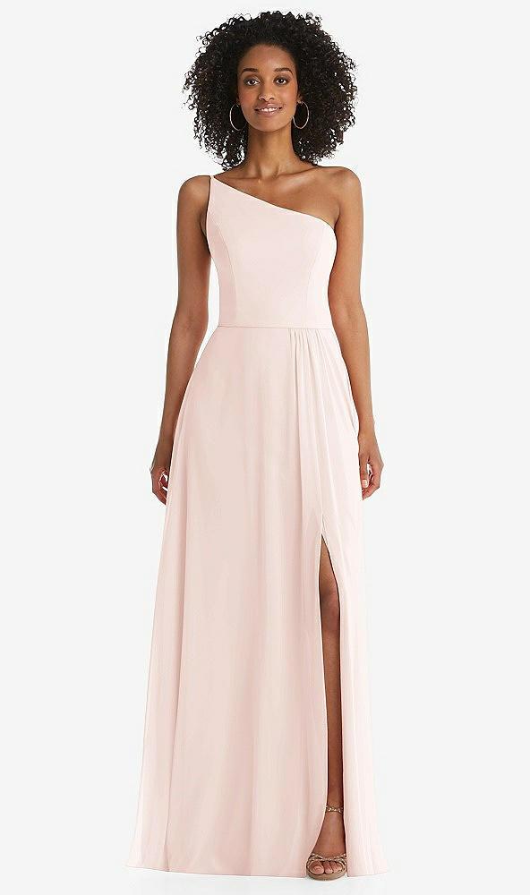 one-shoulder chiffon maxi dress with shirred front slit