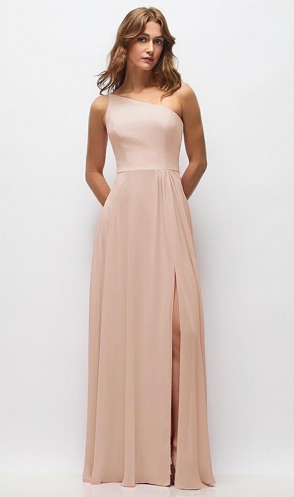 one-shoulder chiffon maxi dress with shirred front slit