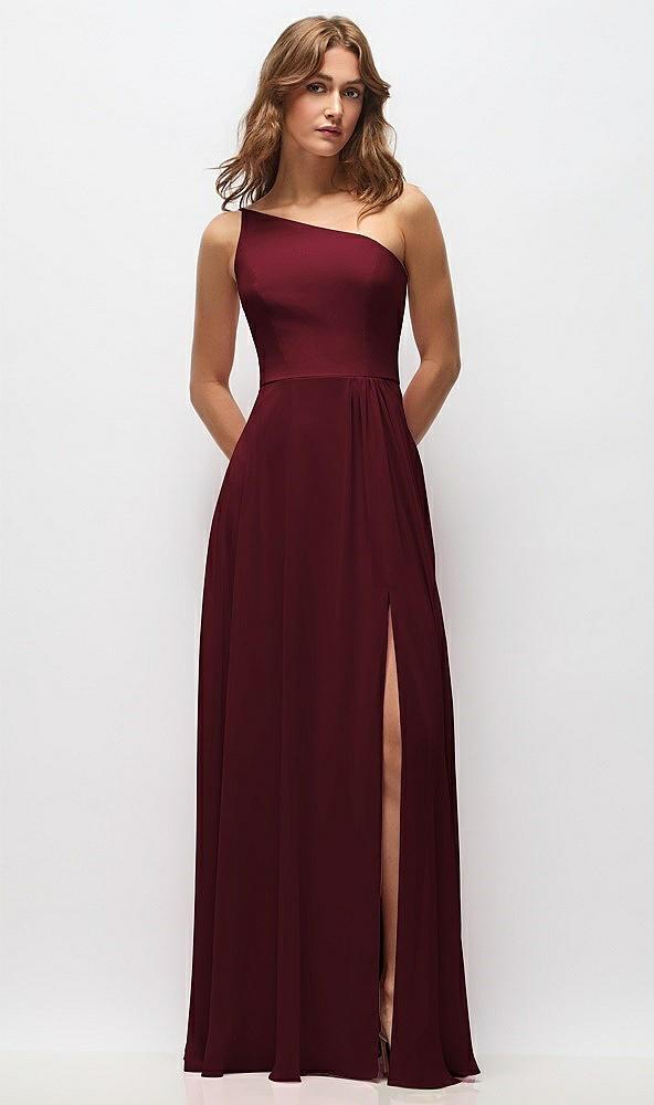 one-shoulder chiffon maxi dress with shirred front slit