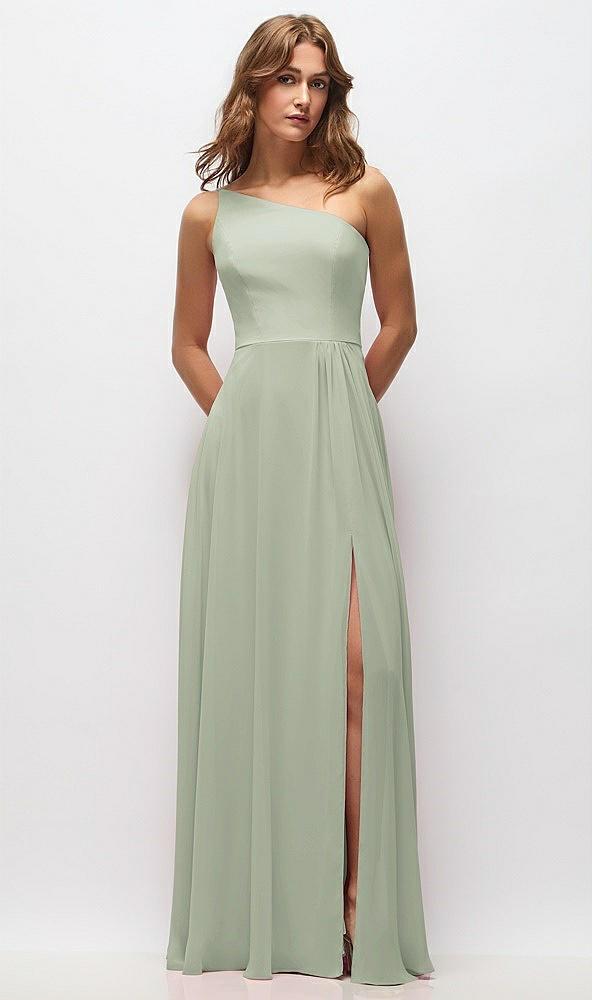 one-shoulder chiffon maxi dress with shirred front slit