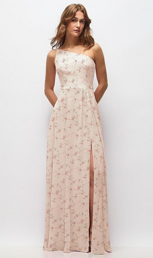 one-shoulder chiffon maxi dress with shirred front slit
