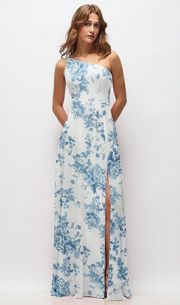 one-shoulder chiffon maxi dress with shirred front slit