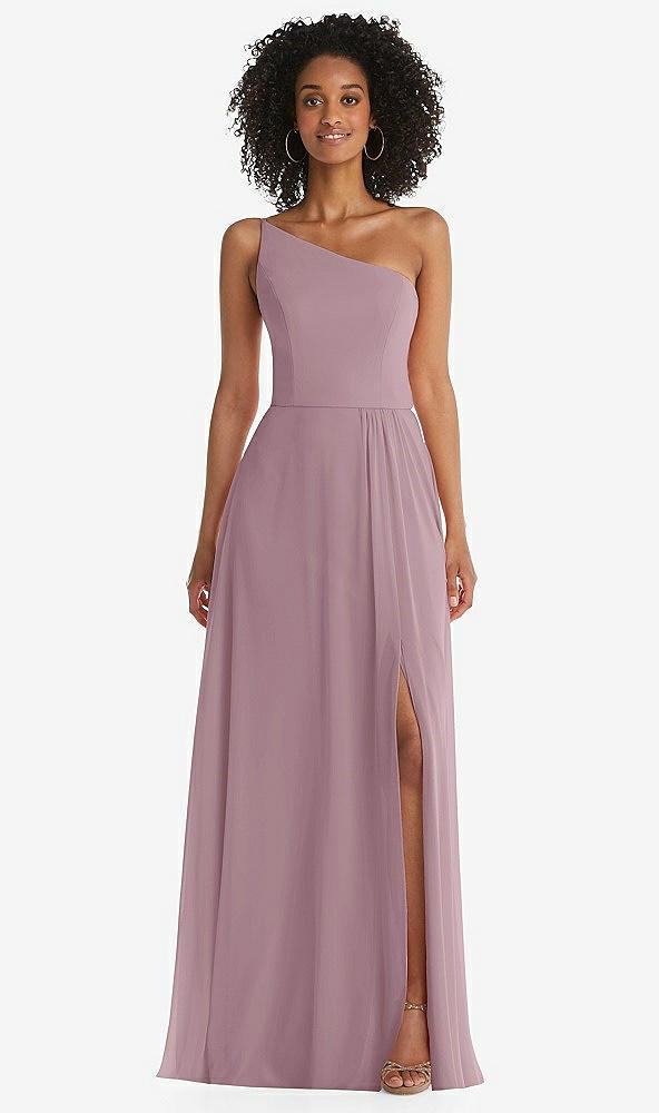 one-shoulder chiffon maxi dress with shirred front slit