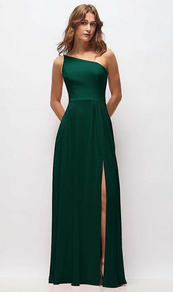 one-shoulder chiffon maxi dress with shirred front slit
