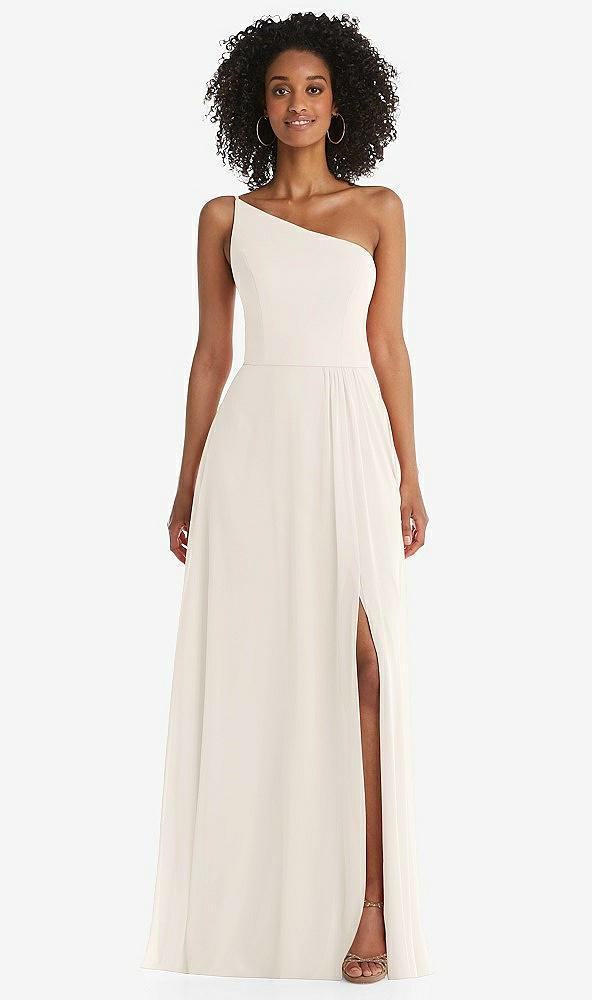 one-shoulder chiffon maxi dress with shirred front slit