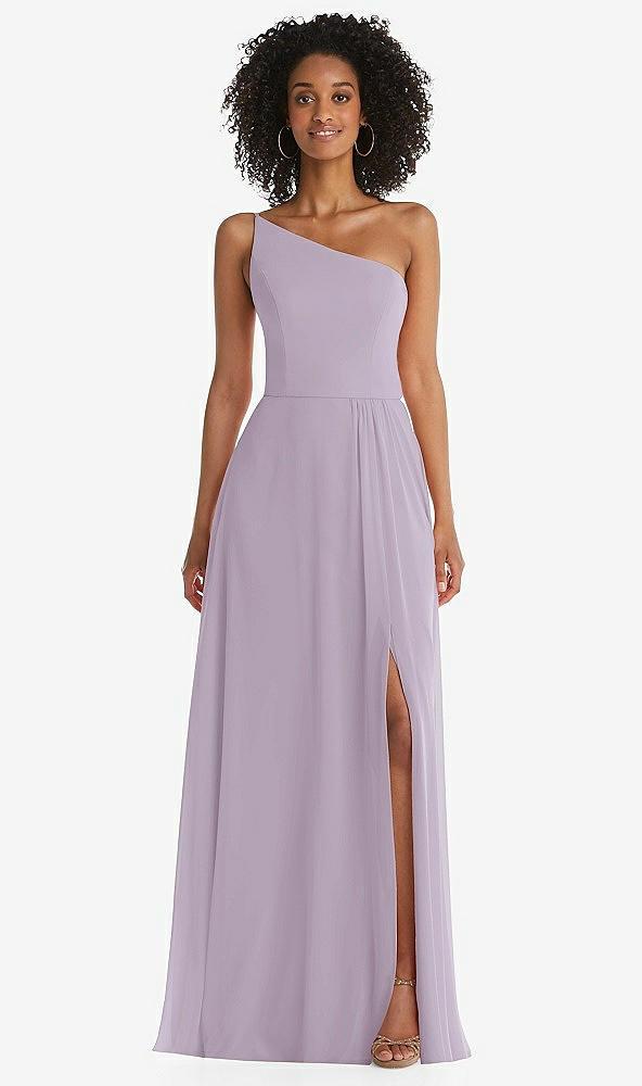 one-shoulder chiffon maxi dress with shirred front slit