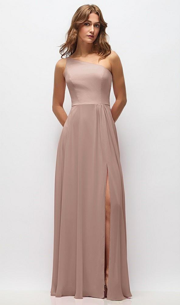 one-shoulder chiffon maxi dress with shirred front slit