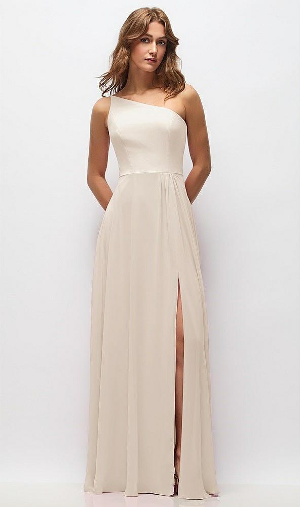 one-shoulder chiffon maxi dress with shirred front slit
