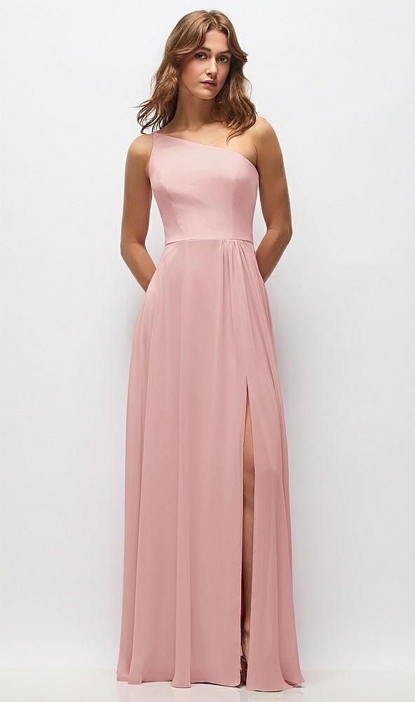 one-shoulder chiffon maxi dress with shirred front slit